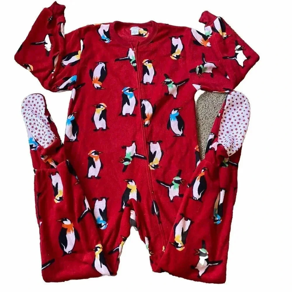 Y2K Cherokee Sleepwear Footies Pajamas Jumpsuit Red Penguins Full Zip Junior M